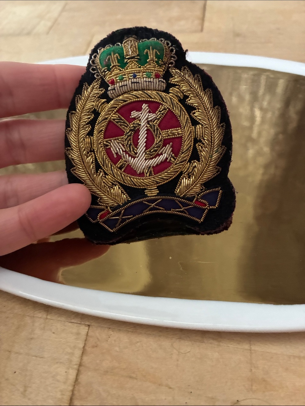 Handmade Vintage Embroidered Anchor Crown Nautical Brooch Pin!